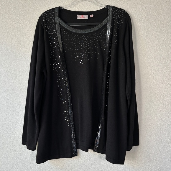 Quacker Factory plus size 1X tank cardigan duet black sequin trim cotton blend - Picture 1 of 11